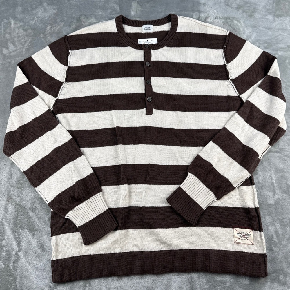 Guess by Marciano Mens XL Striped Henley Sweater Brown White Cotton NEW